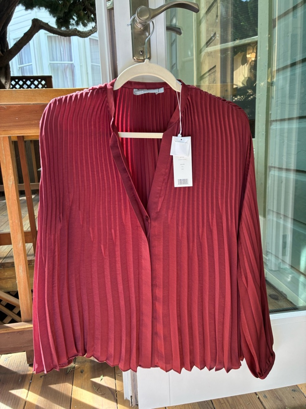 Vince Pleated Button-Front Blouse in Wine Red